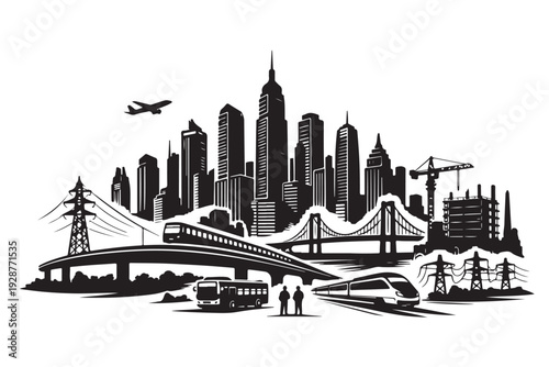 Mega City Infrastructure Silhouette, Skyline Transport Utilities Combined, Vector Illustration, Isolated on White Background
