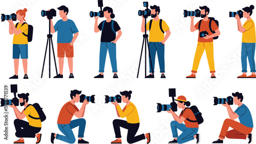 Flat vector illustration set of diverse male and female photographers with professional cameras tripods and backpacks for photography studio branding and media journalism