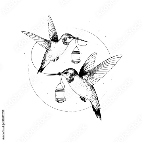 Two hummingbird birds flying with feeders black and white illustration vector design printable art drawing 100