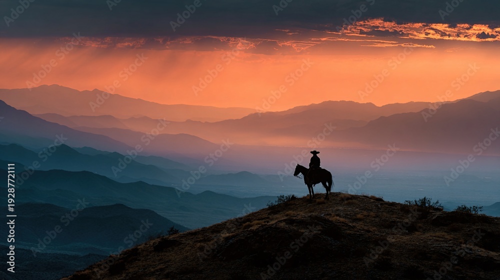 Obraz premium charro. Silhouette of a rider on a ridge at dawn, vast desert landscape and sky. travel magazines, destination branding, designed for outdoor magazines and nature guides.