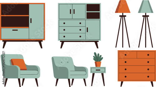 Flat vector illustration set of mid century modern furniture including teal cabinets orange dressers cozy armchairs and tripod floor lamps for home interior design