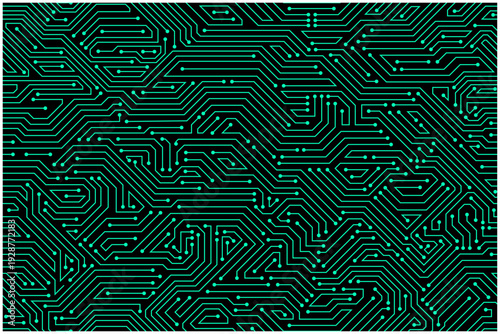 ネオングリーン回路パターンのシームレス背景ベクター／黒背景・サイバー・デジタルテクノロジー