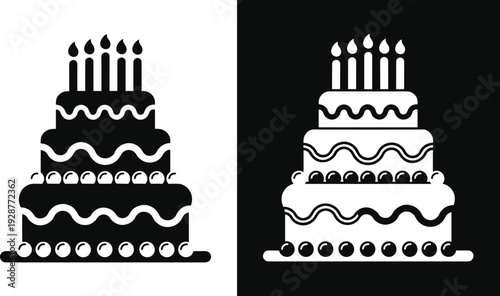Birthday Cake Vector Icon Set Featuring Three Tiered Party Cakes With Lit Candles And Decorative Frosting In Black Silhouette And Negative Space Styles