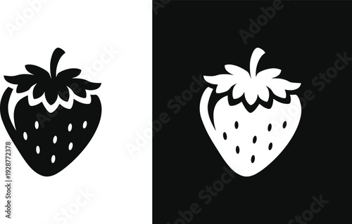 Black and white strawberry fruit icon set with flat design silhouette isolated on white and black background for healthy food organic snack and gardening