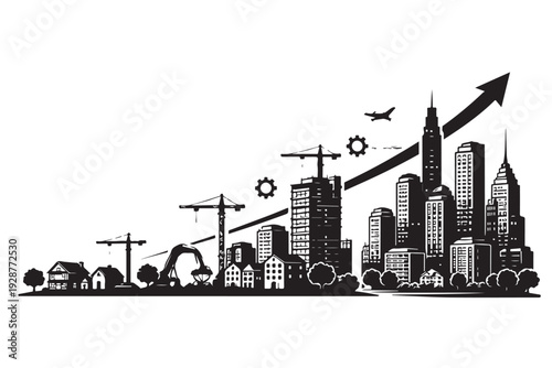 Urban Expansion Silhouette, City Growth Concept, Vector Illustration, Isolated on White Background