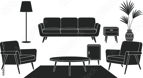 Black Silhouette Vector Set of Living Room Furniture Including Sofa Armchairs Coffee Table Floor Lamp and Potted Plant for Interior Design and Home Decor Layout