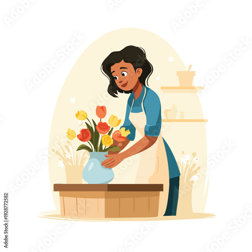 Woman Arranging Colorful Flowers in a Vase at a Florist Workspace.