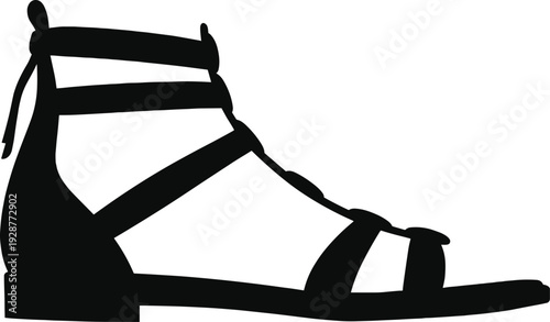 Black Vector Silhouette of a Strappy Gladiator Sandal for Women Summer Fashion Footwear Trendy Beach Style Roman Apparel Design and Casual Seasonal Shoe Accessory
