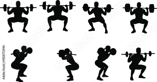 Black silhouette vector set of athletes performing barbell squats in multiple depths and stances, strength training gym workout illustration
