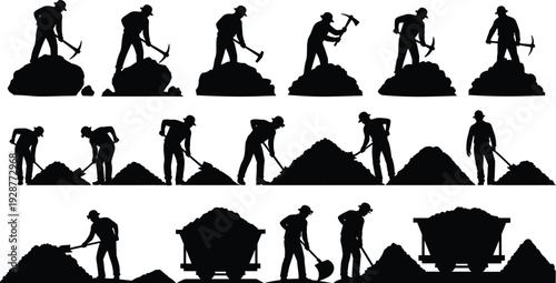 Coal miner and mining worker silhouettes with pickaxe, shovel and ore cart isolated on white background for industry, excavation and underground labor concepts