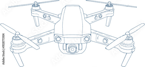 Technical outline vector drawing of an AI high technological quadcopter drone with camera in blueprint style, Drone flying day, Autocad 