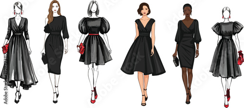 Set of fashion sketch illustrations featuring diverse women wearing elegant black dresses and red accessories