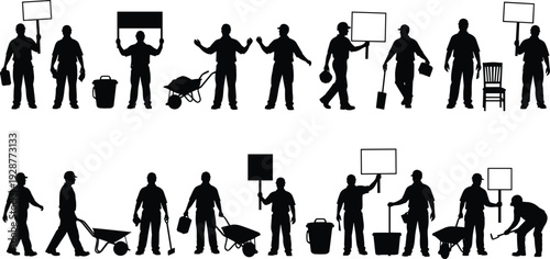 Construction and maintenance worker silhouettes holding tools, wheelbarrow and protest signs isolated on white background for labor union, renovation and workforce concept themes