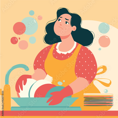 Woman washing dishes in kitchen sink scene.