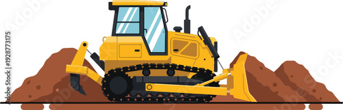 Yellow heavy bulldozer construction machinery pushing dirt vector illustration