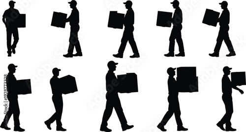 Delivery worker silhouettes carrying cardboard boxes isolated on white background for logistics, shipping service, warehouse operations and supply chain concepts