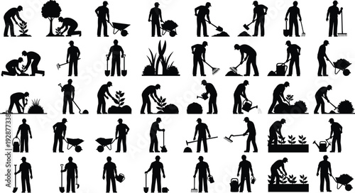 Gardener and landscaping worker silhouettes set with planting, watering, digging and lawn care tools isolated on white background for agriculture and garden maintenance concepts