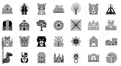 Collection of various black and white illustrations of different subjects and objects.