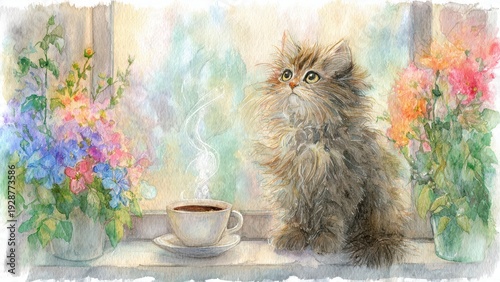 Fluffy Brown Kitten Sits By Window With Flowers And Coffee Cup