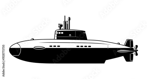 Black and white illustration of a submarine, a vessel for underwater travel.