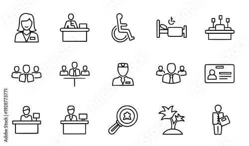 Minimal Outline Professional, Healthcare, and Service Icon Collection Isolated on White