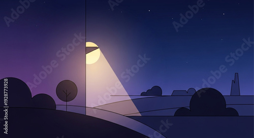 Nighttime street lamp illuminates a path with a warm glow, creating a serene atmosphere.