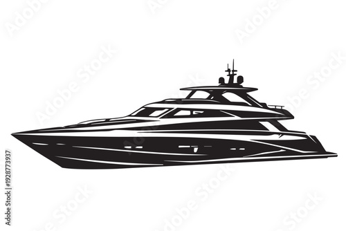 Fishing Boat Silhouette Side View, Sport Fishing Boat with Cabin, Vector Illustration, Isolated on White Background