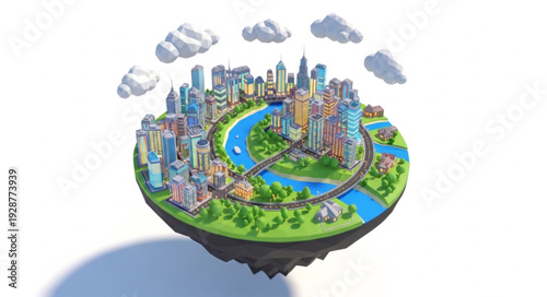 Colorful cartoon city island floating in the sky with clouds and river.