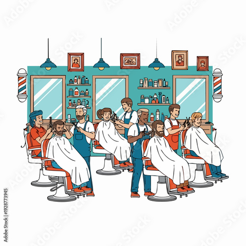 Barbershop scene with barbers cutting hair.