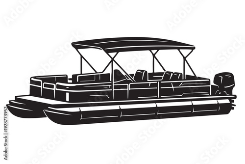 Pontoon Boat Silhouette Side View, Leisure Pontoon Boat with Canopy, Vector Illustration, Isolated on White Background