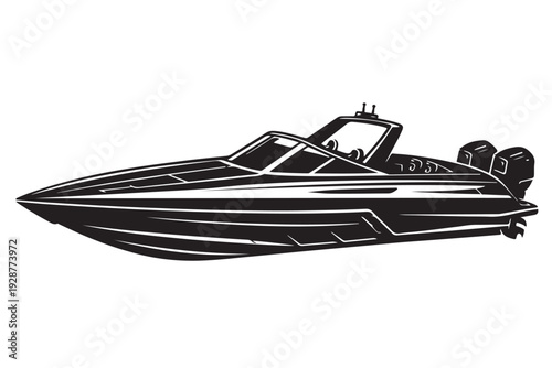 Speed Boat Silhouette Side View, American Recreational Speedboat, Vector Illustration, Isolated on White Background
