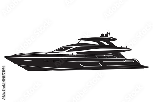 Luxury Yacht Silhouette Side View, Modern Motor Yacht, Vector Illustration, Isolated on White Background