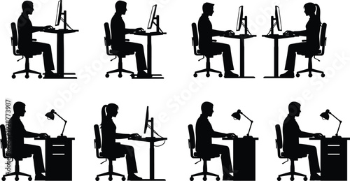 Office worker silhouettes sitting at desk using desktop computer isolated on white background for business, corporate workplace and remote work concepts