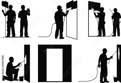 Professional painter silhouettes using spray gun for door and wall painting isolated on white background for renovation, maintenance and interior finishing concepts
