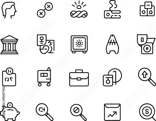 Business icons set, finance, money, bank, briefcase, growth, investment, savings, analysis, magnifying glass, piggy bank, success, strategy, portfolio, financial planning