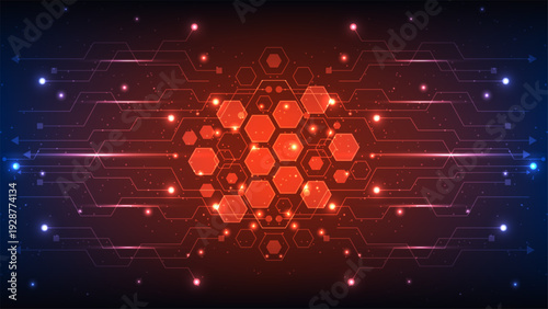 red glowing hexagon circuit board abstract digital background high tech data connectivity and futuristic network infrastructure for cybersecurity and big data concepts