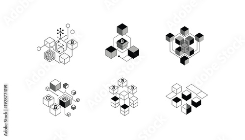Cryptocurrency blockchain network concepts with bitcoin symbols and cubes