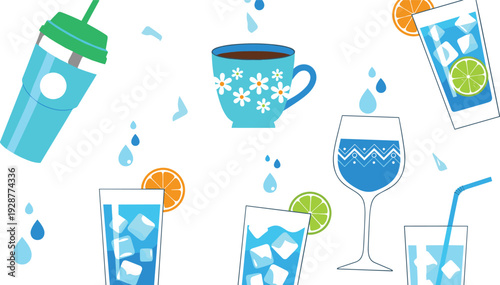 Refreshing beverage vector illustration set with water bottles, iced drinks, citrus slices, coffee cup, and hydration elements in colorful flat style