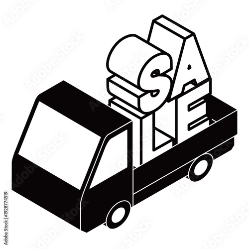 立体的なSALEロゴを運ぶトラックの3Dイラスト