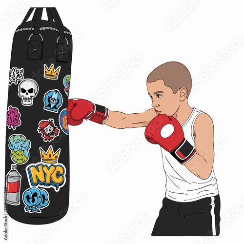 Boxer Training Session with Punching Bag.