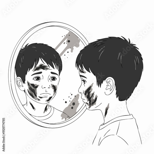 Boy examining acne reflection in mirror.