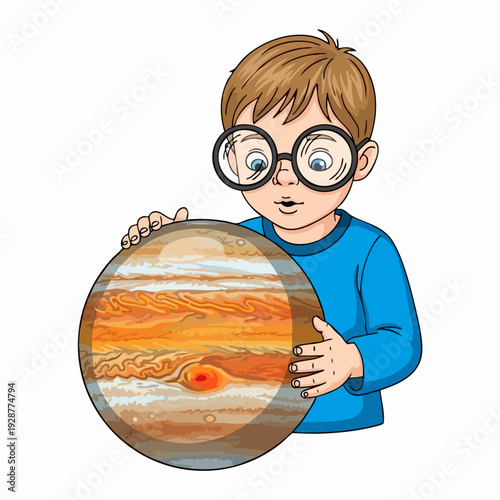 Boy studying Jupiter planet curiosity and science.