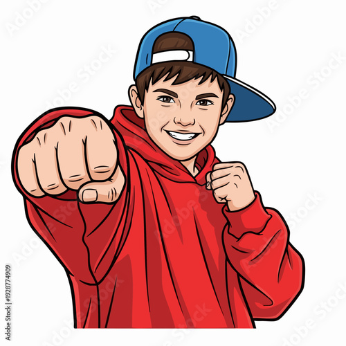 Cartoon Boy Pointing At Viewer Wearing Red Hoodie And Blue Cap.