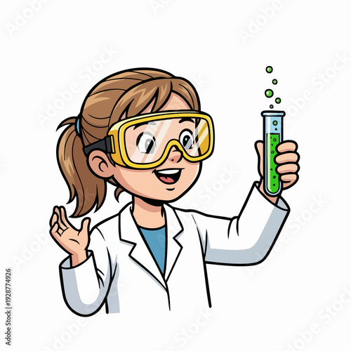 Cartoon female scientist with lab goggles holding bubbling test tube.