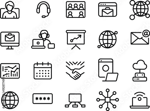 Business communication icons, remote work tools, global networking, data security, email marketing, cloud storage, online support, digital teamwork, internet growth