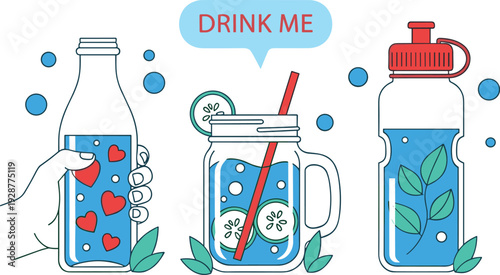 Drink water hydration vector illustration set with reusable bottles, mason jar, cucumber infused water, cute icons, and healthy lifestyle motivation design