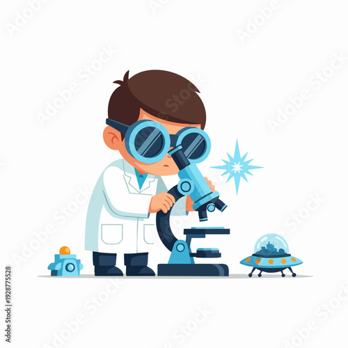Cartoon Scientist Using Microscope in Laboratory.