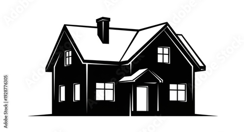 Detailed black and white illustration of a classic two-story house with a chimney and windows.