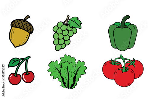 A colorful vector illustration set featuring hand-drawn cartoon fruits and vegetables displayed on a white artboard.