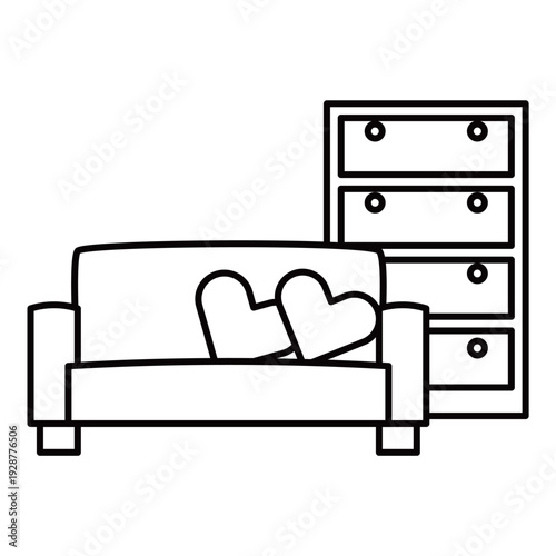 ハートのクッションがあるソファとチェストのイラスト